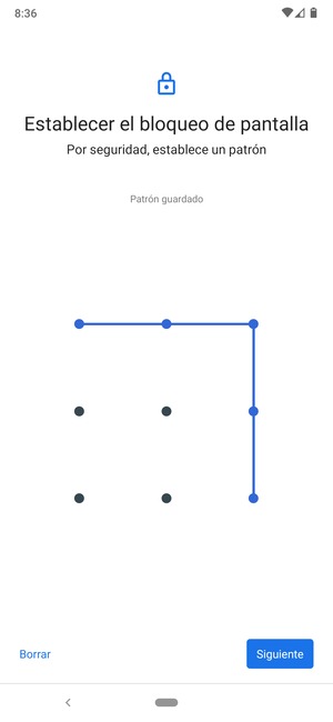 Dibuje un patrón de desbloqueo y seleccione Siguiente