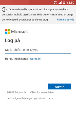 Indtast din e-mailadresse og vælg Næste