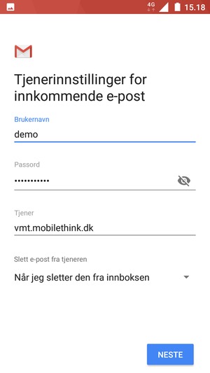Skriv inn Brukernavn og innkommende serveradresse. Velg NESTE