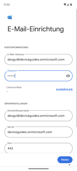 Geben Sie Benutzername und Exchange Server-Adresse ein. Wählen Sie Weiter