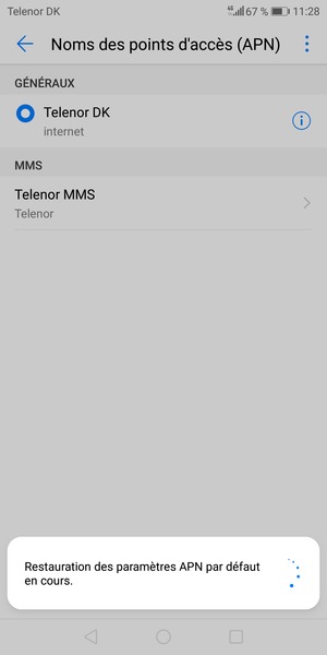 Votre téléphone va être réinitialisé avec les paramètres Internet et MMS par défaut