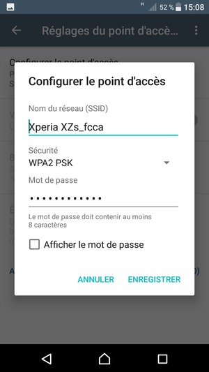 Saisissez un mot de passe de hotspot Wi-Fi d'au moins 8 caractères et sélectionnez ENREGISTRER