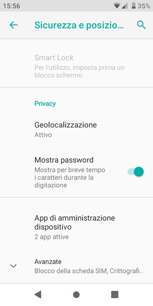 Per cambiare il PIN della scheda SIM, torna al menu Sicurezza e posizione e scorri e seleziona Avanzate