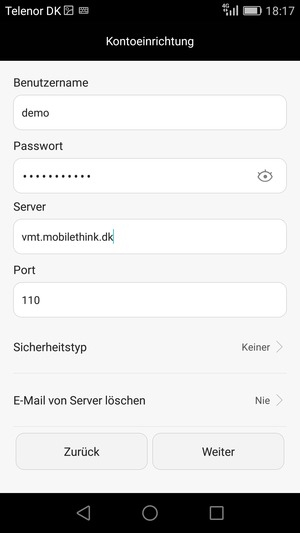 Geben Sie Benutzername und die Server-Adresse für eingehende Post ein. Wählen Sie Weiter