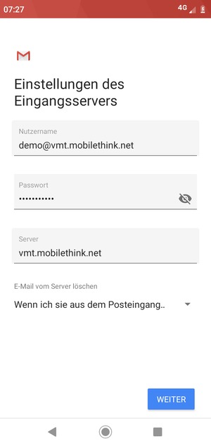 Geben Sie Benutzername und die Server-Adresse für eingehende Post ein. Wählen Sie WEITER