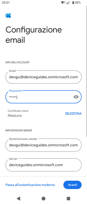 Inserisci Nome utente e l'indirizzo del server Exchange. Seleziona Avanti