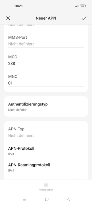 Scrollen Sie nach unten und geben Sie Internetinformationen ein