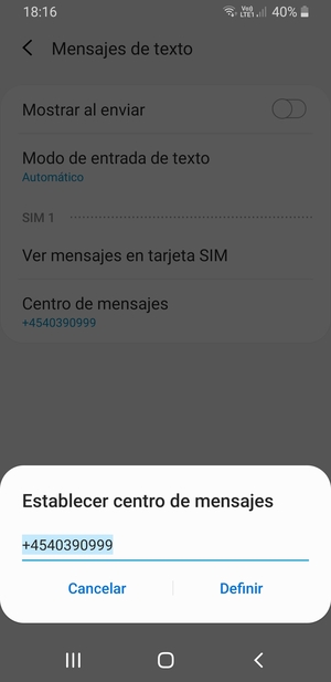 Introduzca el número de Centro de mensajes y seleccione Definir
