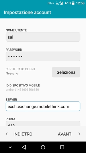 Inserisci Nome utente e l'indirizzo del server Exchange. Seleziona AVANTI