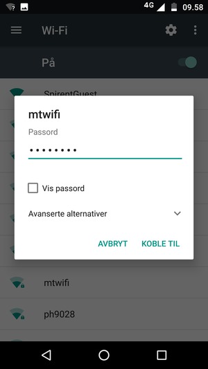 Skriv inn Wi-Fi-passord og velg KOBLE TIL
