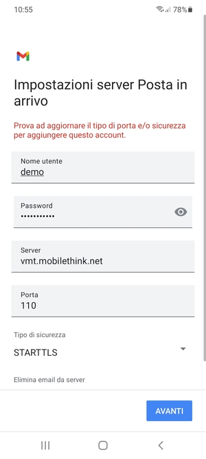 Seleziona Tipo di sicurezza