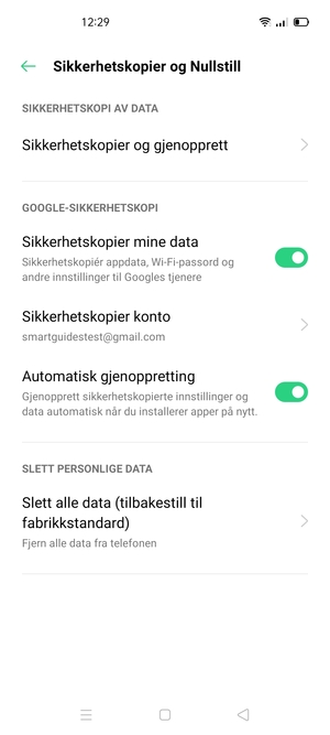 Velg Sikkerhetskopier konto