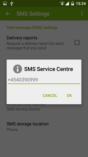 Enter the SMS Service Centre number and select OK