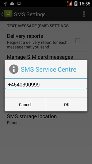 Enter the SMS Service Centre number and select OK