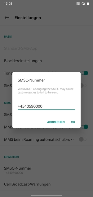 Geben Sie die SMSC-Nummer ein und wählen Sie OK