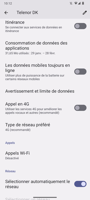 Pour changer de réseau en cas de problèmes de réseau, désactiver Sélectionner automatiquement le reseau