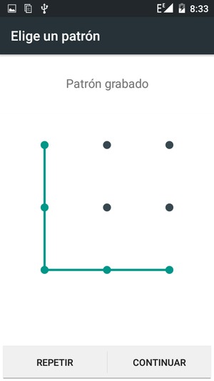 Dibuje un patrón de desbloqueo y seleccione CONTINUAR
