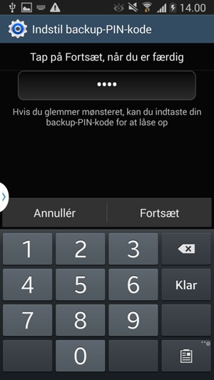 Indtast en Backup-PIN-kode og Vælg Fortsæt