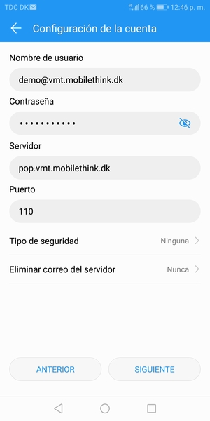 Introduzca Nombre de usuario y la dirección de servidor entrante. Seleccione SIGUIENTE