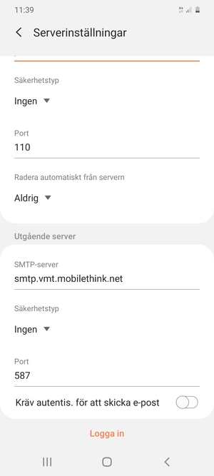 Stäng av Kräv autentis. för att skicka e-post och välj Logga in