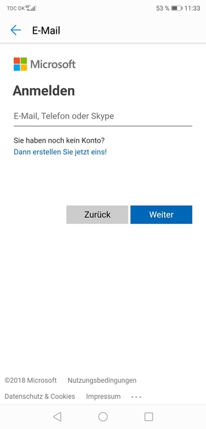 Geben Sie Ihre Hotmail Adresse ein und wählen Sie Weiter