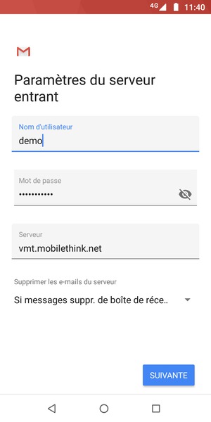 Saisissez votre Nom d'utilisateur et l'adresse du serveur entrant. Sélectionnez SUIVANTE