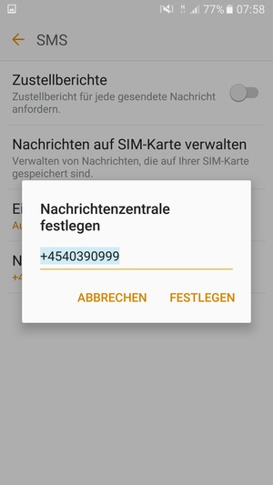 Geben Sie die Nachrichtenzentrale Nummer ein und wählen Sie FESTLEGEN