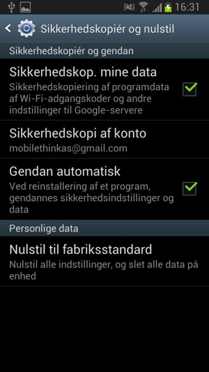 Vælg Sikkerhedskopi af konto