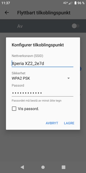 Skriv inn et Wi-Fi hotspot-passord på minst 8 tegn og velg LAGRE