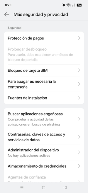 Desplácese y seleccione  Bloqueo de tarjeta SIM