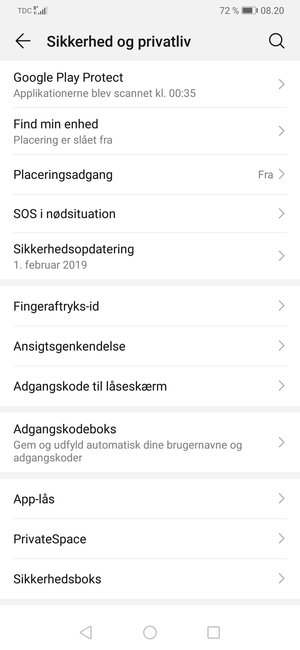 For at aktivere din skærmlås, gå til menuen Sikkerhed og privatliv og vælg Adgangskode til låseskærm