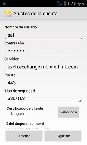Introduzca Nombre de usuario y la dirección de servidor Exchange. Seleccione Siguiente