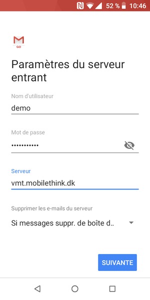 Saisissez votre Nom d'utilisateur et l'adresse du serveur entrant. Sélectionnez SUIVANTE