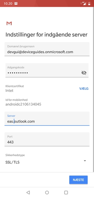 Indtast Brugernavn og Exchange serveradresse. Vælg NÆSTE