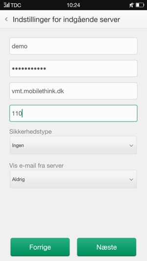 Indtast Brugernavn og Indgående serveradresse. Vælg Næste