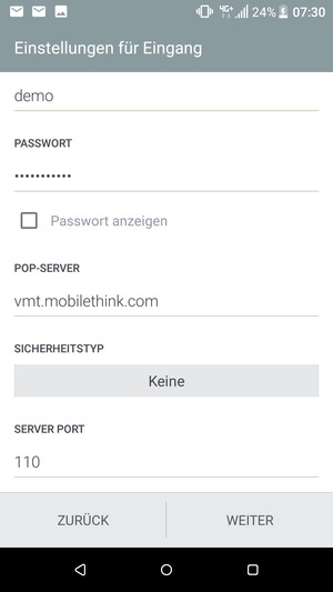 Geben Sie die Server-Adresse für eingehende Post ein und wählen Sie WEITER