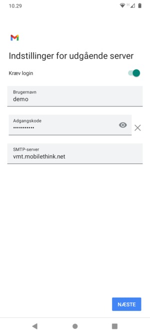 Indtast udgående serveradresse og vælg NÆSTE