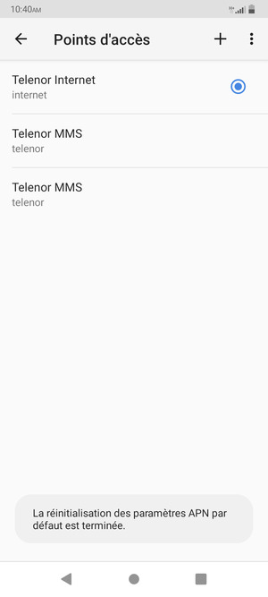 Votre téléphone va être réinitialisé avec les paramètres Internet et MMS par défaut