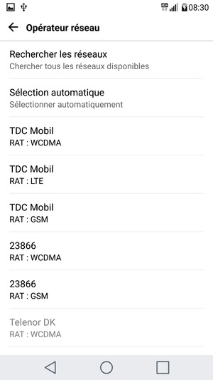 Sélectionnez un opérateur réseau dans la liste