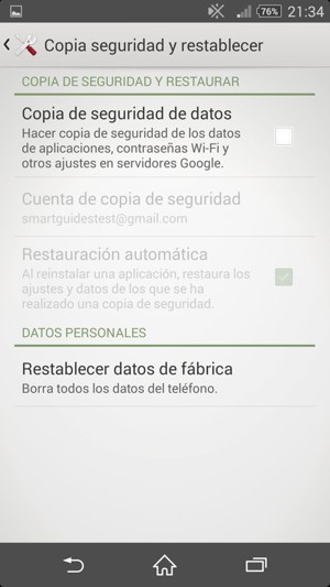 Marque la casilla de verificación Copia de seguridad de datos