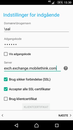 Indtast Brugernavn og Exchange serveradresse. Vælg NÆSTE