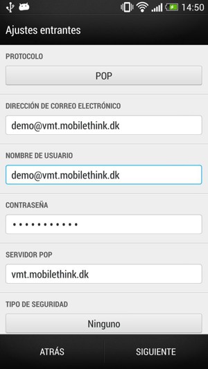 Introduzca la información de correo electrónico para los ajustes del servidor entrantes