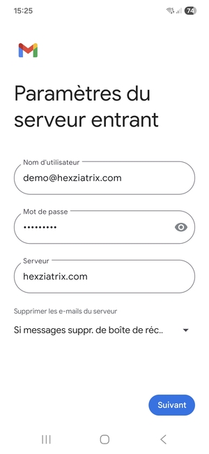 Saisissez votre Nom d'utilisateur et l'adresse du serveur entrant. Sélectionnez Suivant