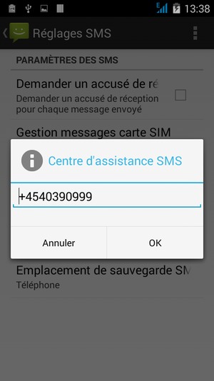 Saisissez le numéro du Centre d'assistance SMS et sélectionnez OK