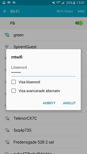 Ange lösenord till Wi-Fi och välj ANSLUT