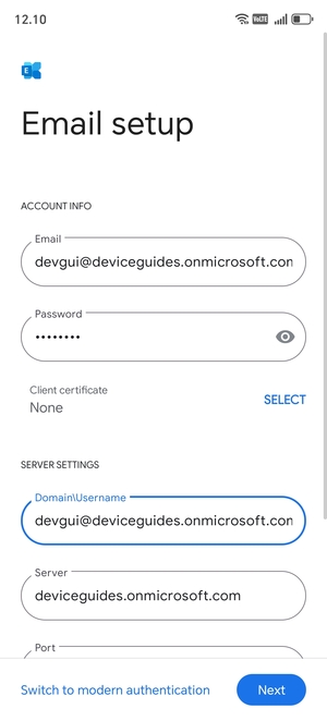 Enter Username and Exchange server address. Select Next