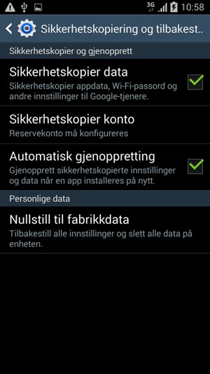 Kryss av i Sikkerhetskopier data avkrysningsboksen og velg Sikkerhetskopier konto