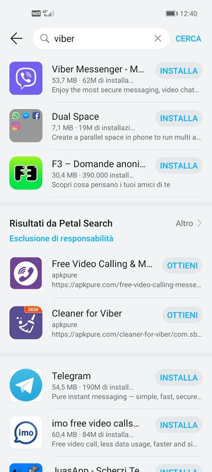 Seleziona l'applicazione