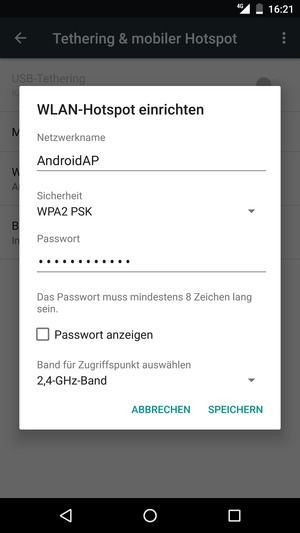 Geben Sie eine WLAN-Hotspot-Passwort mit mindestens 8 Zeichen ein und wählen Sie SPEICHERN