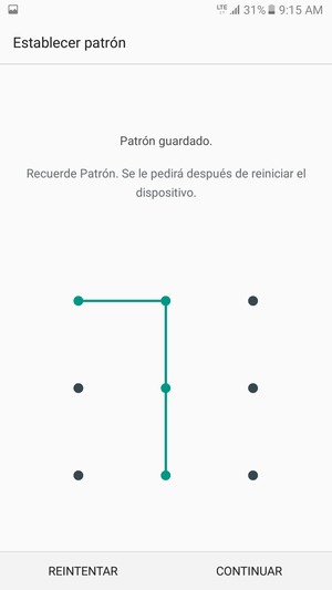 Dibuje un patrón de desbloqueo y seleccione CONTINUAR